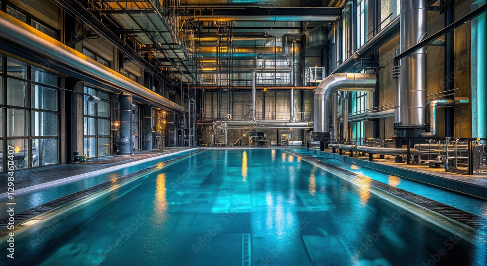 Fototapeta premium This large indoor pool showcases industrial architecture with metal pipes and expansive windows bringing in natural light