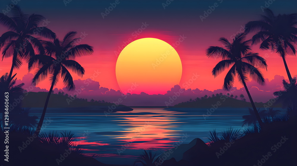 Sunset on the beach with palm trees, ocean shore. Amazingly colorful sunrise on the sea beach with reflective pink sand and bright clouds. Horizontal banner copyspace. Sunset on the beach with palm trees, ocean shore. Amazingly colorful sunrise on the sea beach with reflective pink sand and bright clouds. Horizontal banner copyspace.