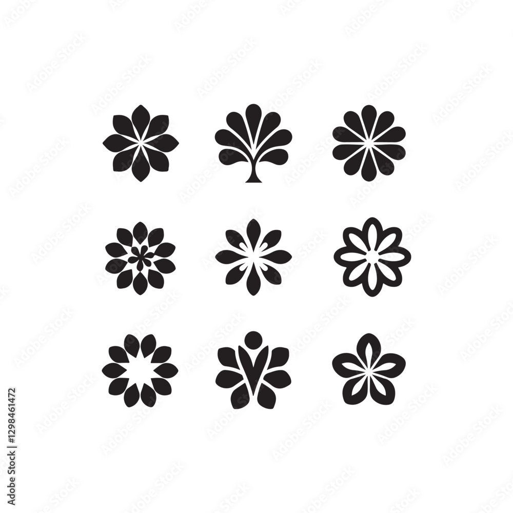 set of vector floral elements.Set of nine stylized floral and tree vector icons.This image features a collection of nine simple, black and white, graphic floral and tree shapes.