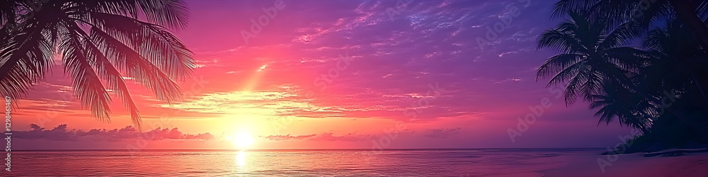 Sunset on the beach with palm trees, ocean shore. Amazingly colorful sunrise on the sea beach with reflective pink sand and bright clouds. Horizontal banner copyspace. Sunset on the beach with palm trees, ocean shore. Amazingly colorful sunrise on the sea beach with reflective pink sand and bright clouds. Horizontal banner copyspace.