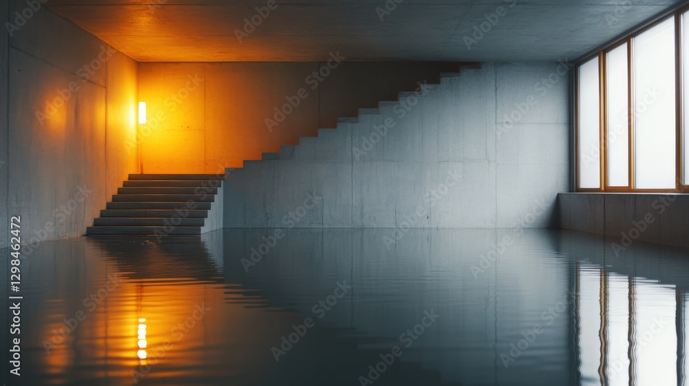 Fototapeta premium Interior Architecture with Water Reflection and Staircase