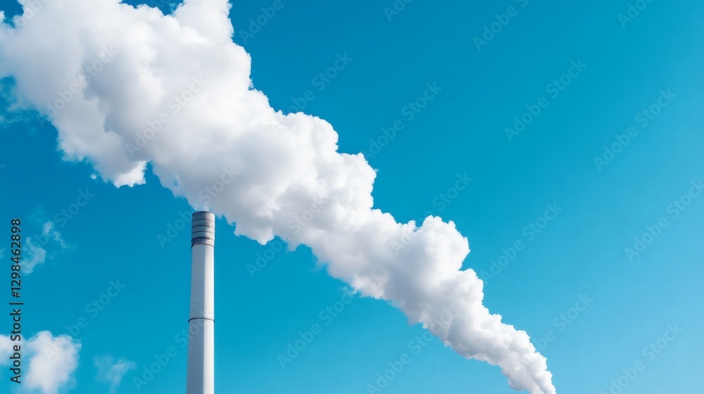 White smoke billowing from a tall industrial chimney against a clear blue sky White smoke billowing from a tall industrial chimney against a clear blue sky