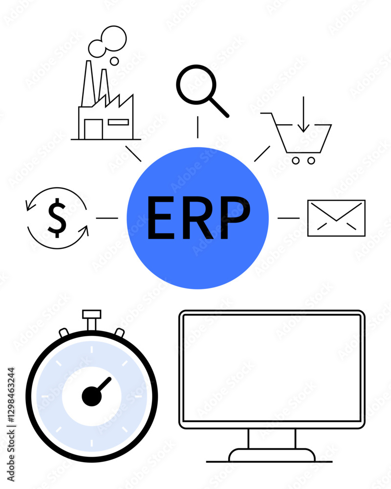 Blue ERP circle connecting to industry magnifying glass shopping cart, dollar sign, letter envelope. Below, timer and computer icon. Ideal for efficiency, time management, logistics, finance Blue ERP circle connecting to industry magnifying glass shopping cart, dollar sign, letter envelope. Below, timer and computer icon. Ideal for efficiency, time management, logistics, finance