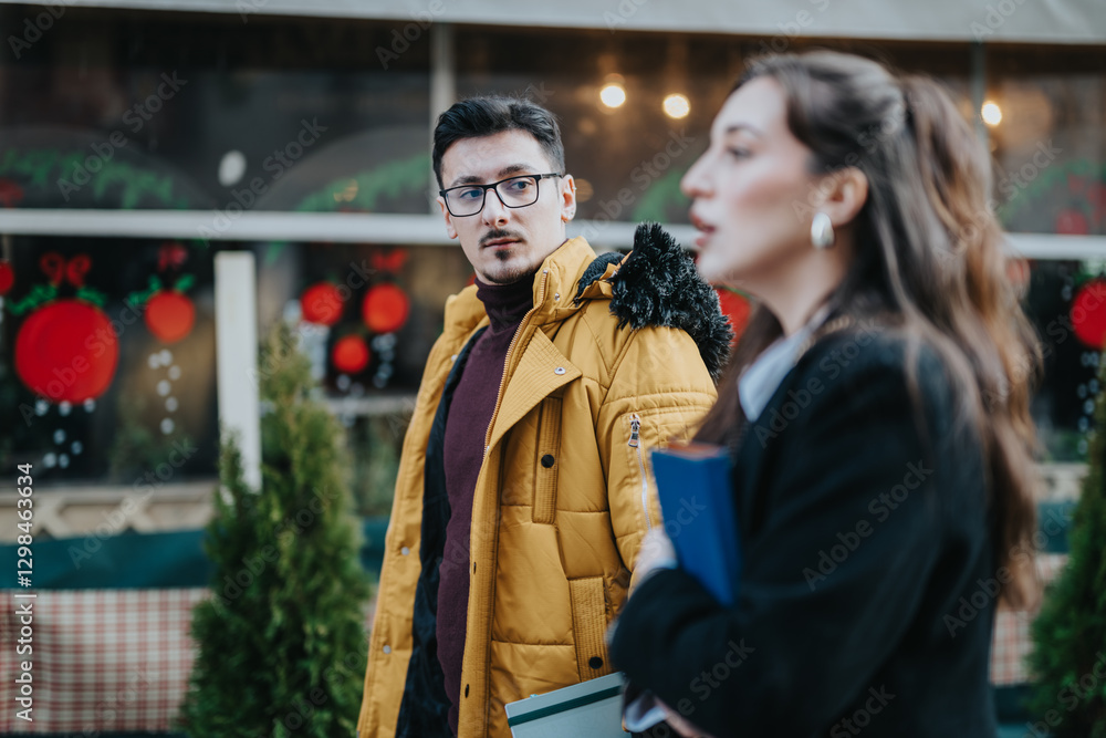 Obraz premium Two business professionals engaged in discussion outside with festive decorations in the background. The image showcases teamwork, communication, and the holiday season spirit.