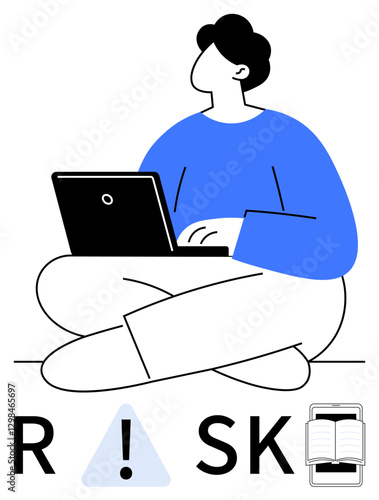 Person working on a laptop, seated cross-legged. Below, RISK spelled out with a warning sign and an open book icon. Ideal for education, caution, security awareness, e-learning, remote work digital