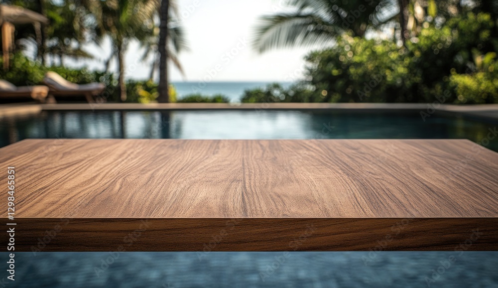 Wooden table top over blurred pool and ocean view. Wooden table top over blurred pool and ocean view.