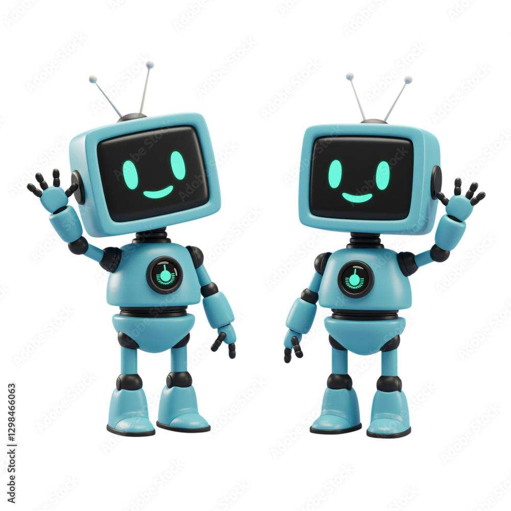 This image features two adorable, cartoonish robots, light teal/blue in color, styled like vintage television sets This image features two adorable, cartoonish robots, light teal/blue in color, styled like vintage television sets