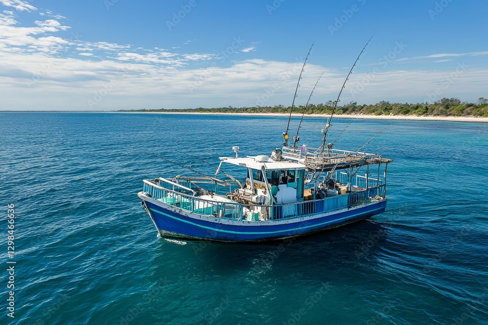 Fishing boat voyage coastal beach destination scenic ocean view adventure scene Fishing boat voyage coastal beach destination scenic ocean view adventure scene
