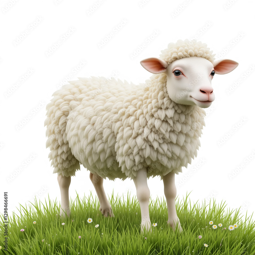 Obraz premium Fluffy White Sheep in Green Grass Farm Animal Spring Pasture