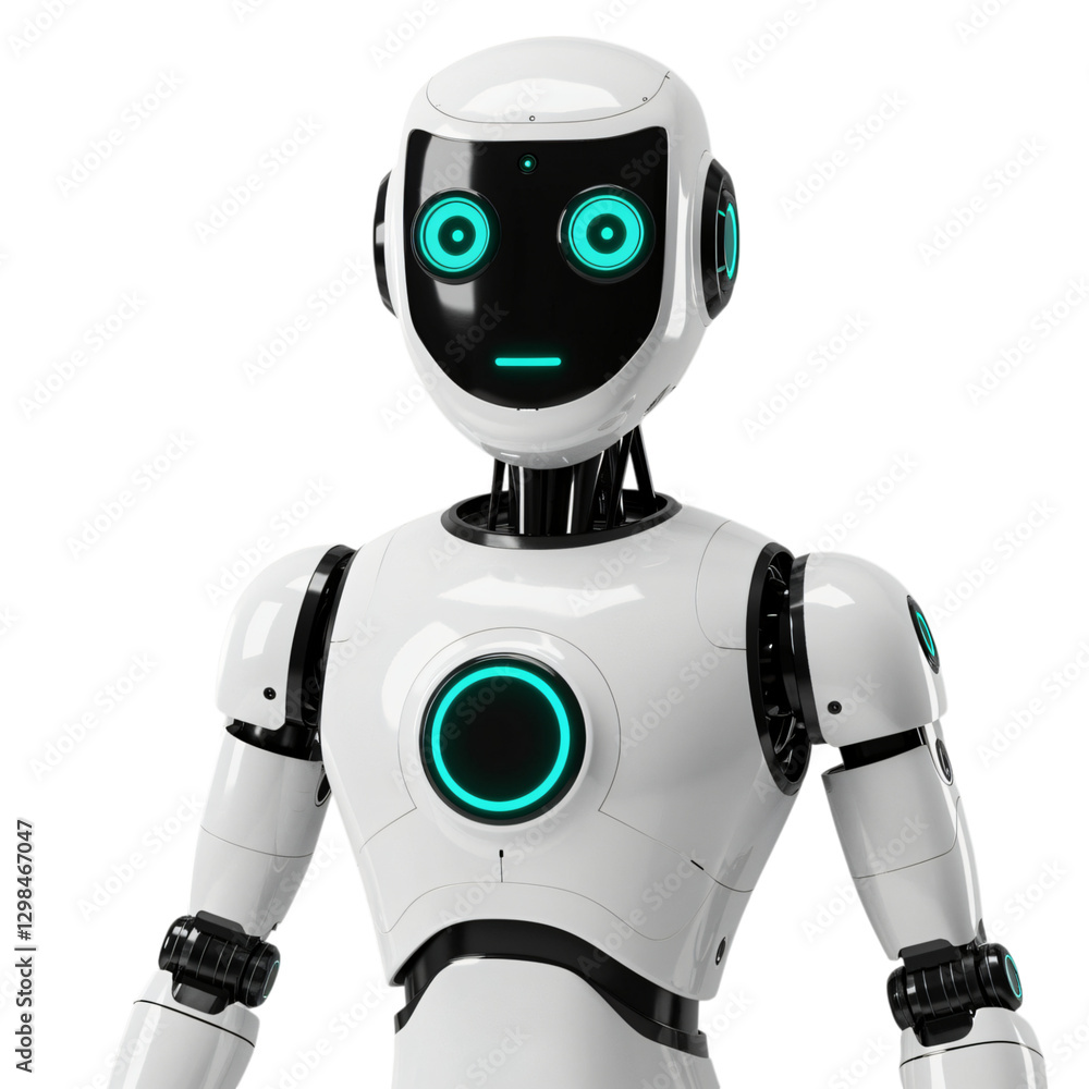 A close-up of a modern, white robot with turquoise glowing eyes A close-up of a modern, white robot with turquoise glowing eyes