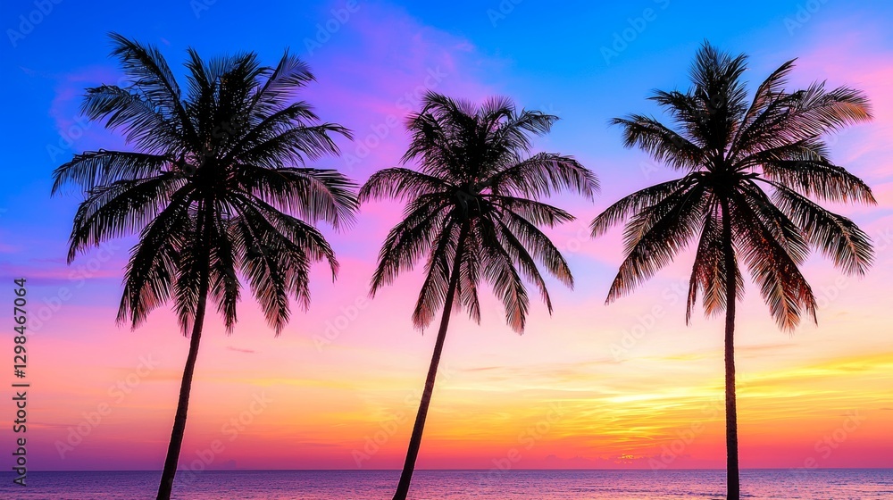 Scenic tropical sunset silhouettes of palm trees at a beach destination Scenic tropical sunset silhouettes of palm trees at a beach destination