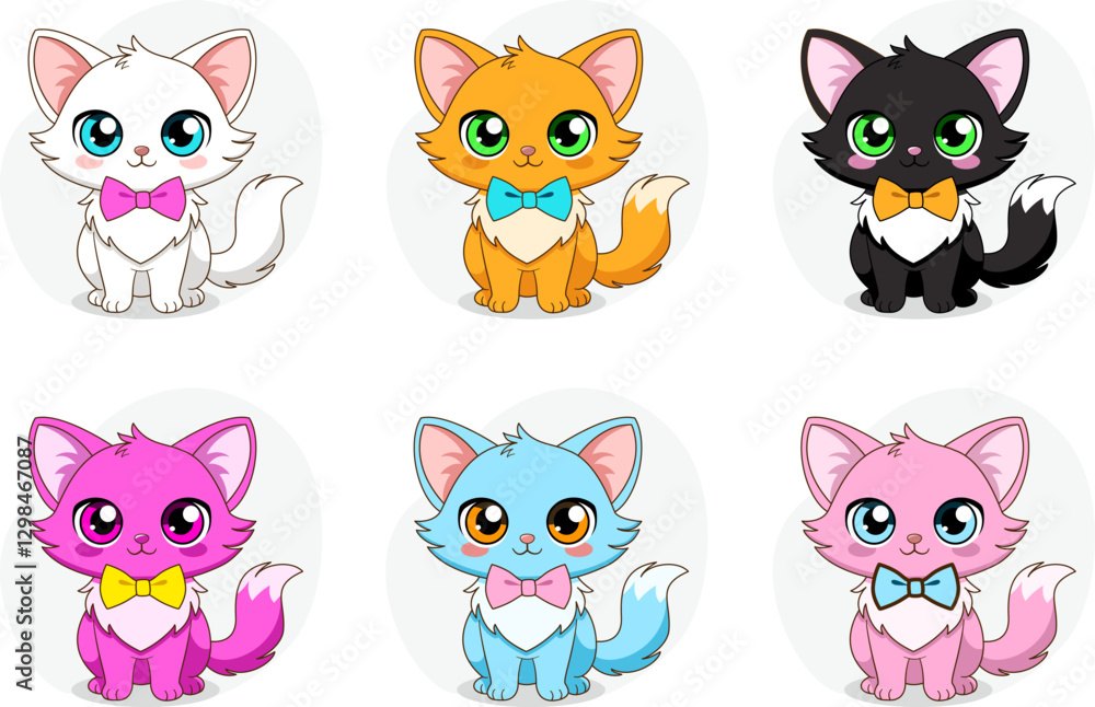 This is a set of cartoon vector illustrations with cute kittens with big eyes and a bow sitting on their paws. Kawaii style, chibi-style characters, nursery decor, and gifts. EPS10 This is a set of cartoon vector illustrations with cute kittens with big eyes and a bow sitting on their paws. Kawaii style, chibi-style characters, nursery decor, and gifts. EPS10