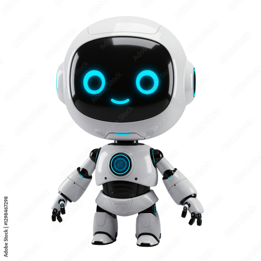 A friendly, cartoonish robot character, rendered in a modern style A friendly, cartoonish robot character, rendered in a modern style