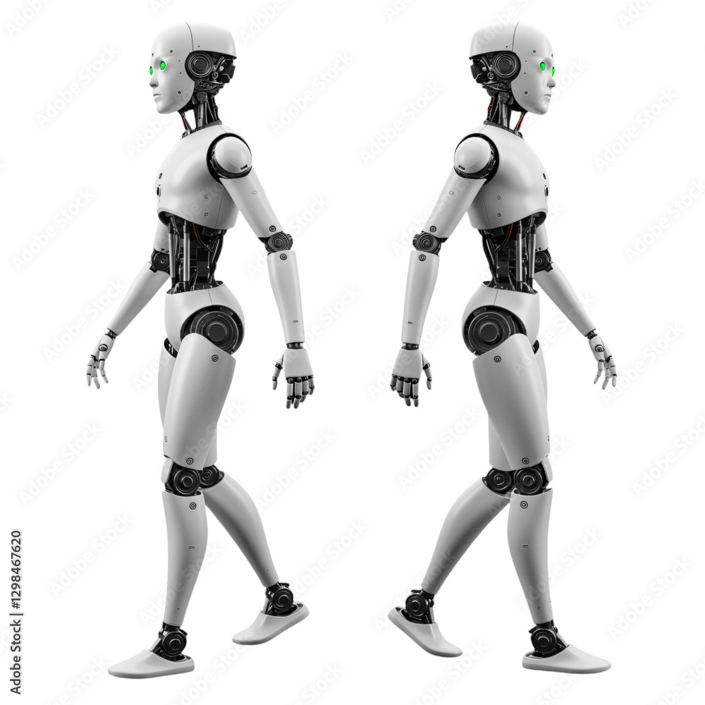 Fototapeta premium Two identical white robots are depicted walking in profile view against a transparent background