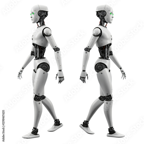 Two identical white robots are depicted walking in profile view against a transparent background