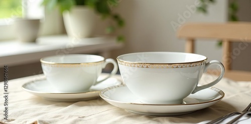 Wallpaper Mural Couples' dinnerware set, white plates, gold detailing, lifestyle shot , white plates, romantic Torontodigital.ca