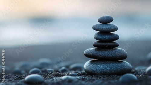 Balanced stones tower on a sandy beach at dusk, symbolizing peace, harmony, and a mindful approach to nature's tranquility. . photo