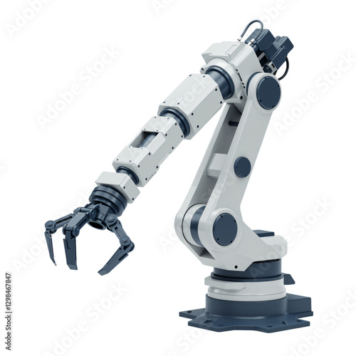 A detailed 3D rendering of a robotic arm, showcasing its complex structure and gripper