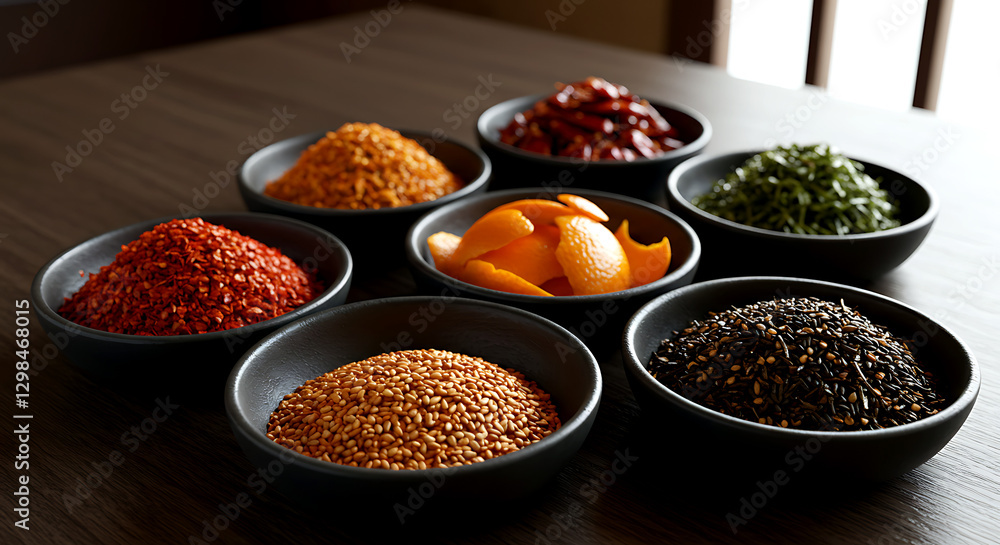 Japanese shichimi togarashi, chili pepper, orange peel, sesame seeds, and nori Japanese shichimi togarashi, chili pepper, orange peel, sesame seeds, and nori