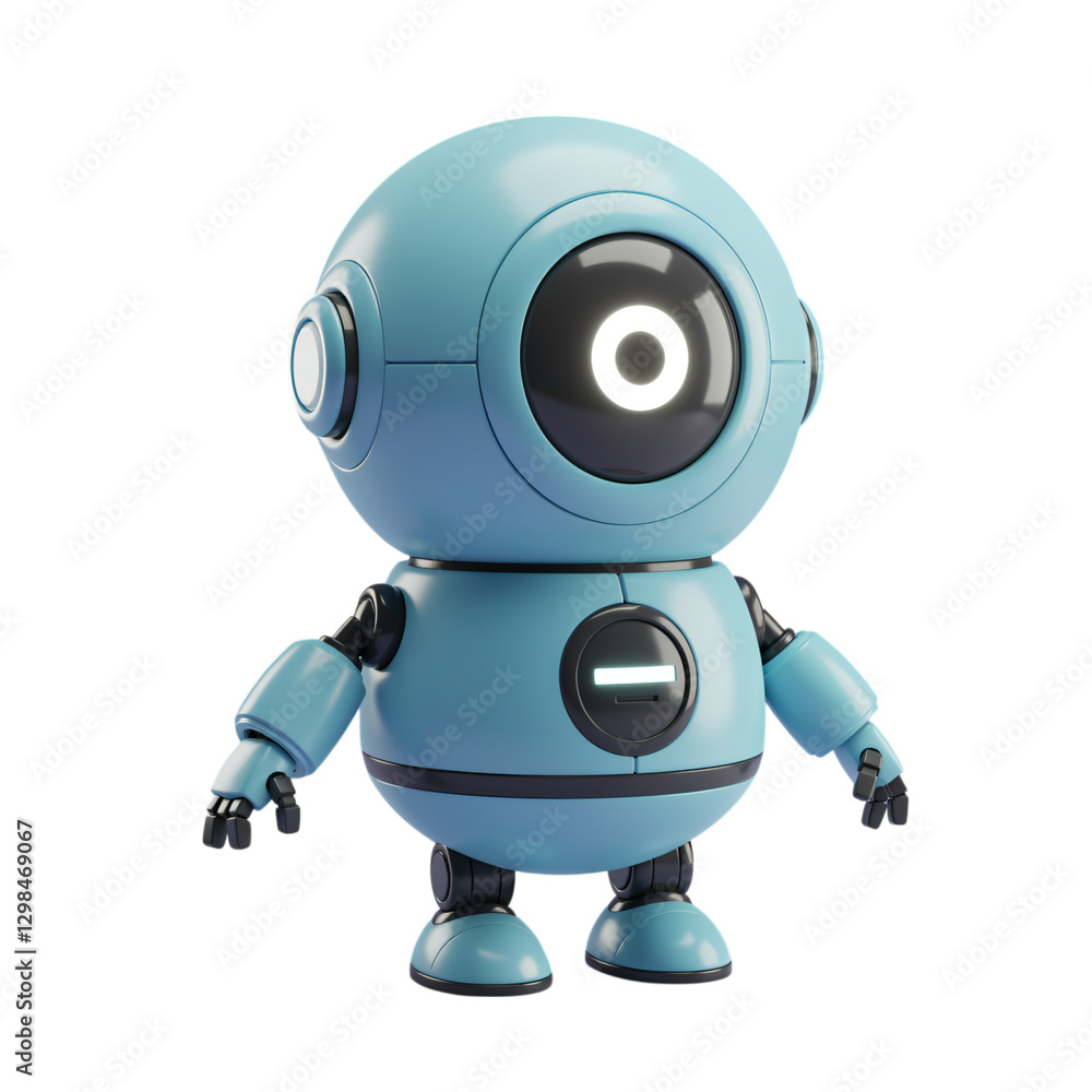 A friendly, light blue robot character, with a round head and large eye, stands posed A friendly, light blue robot character, with a round head and large eye, stands posed
