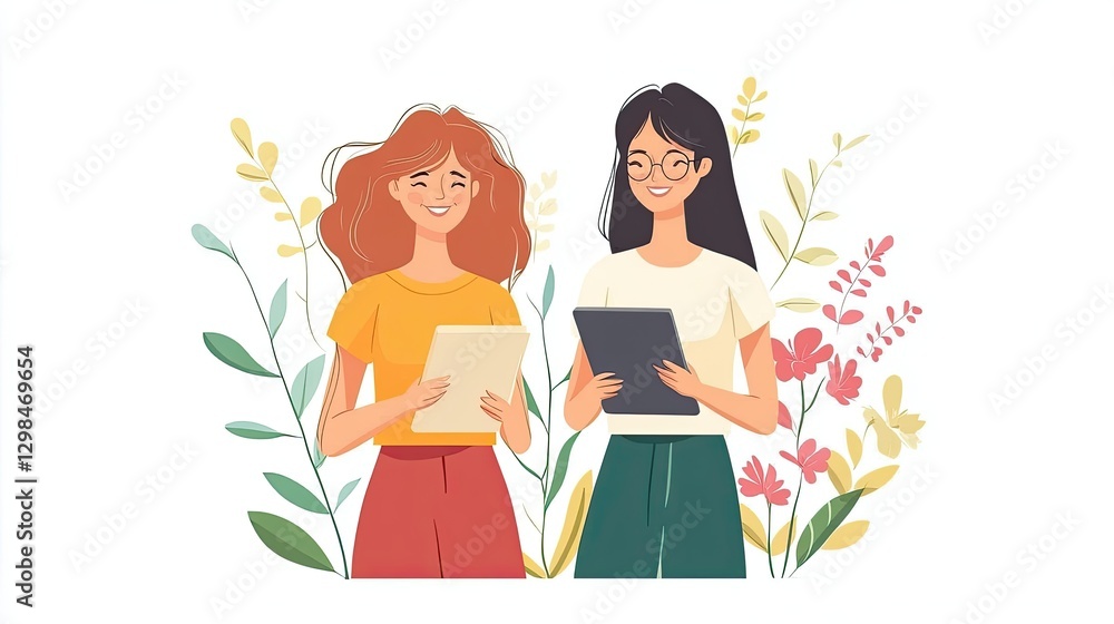 Young businesswomen using laptops in an office setting, discussing strategies and new ideas Young businesswomen using laptops in an office setting, discussing strategies and new ideas
