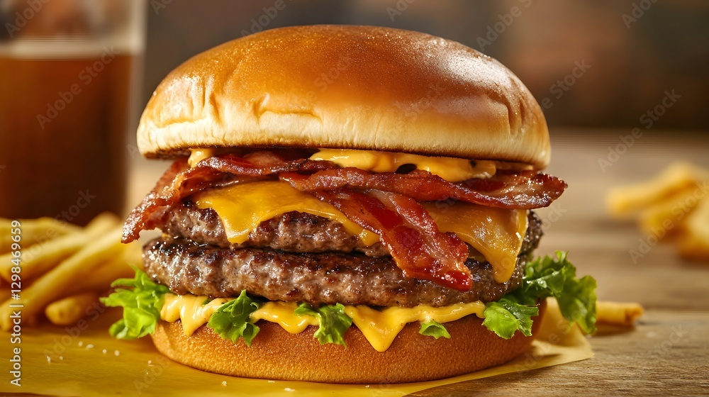 A delicious double patty burger with crispy bacon and cheese A delicious double patty burger with crispy bacon and cheese
