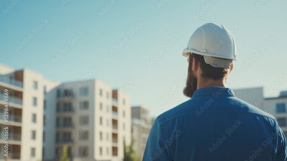 Construction worker observes modern buildings, showcasing urban Construction worker observes modern buildings, showcasing urban