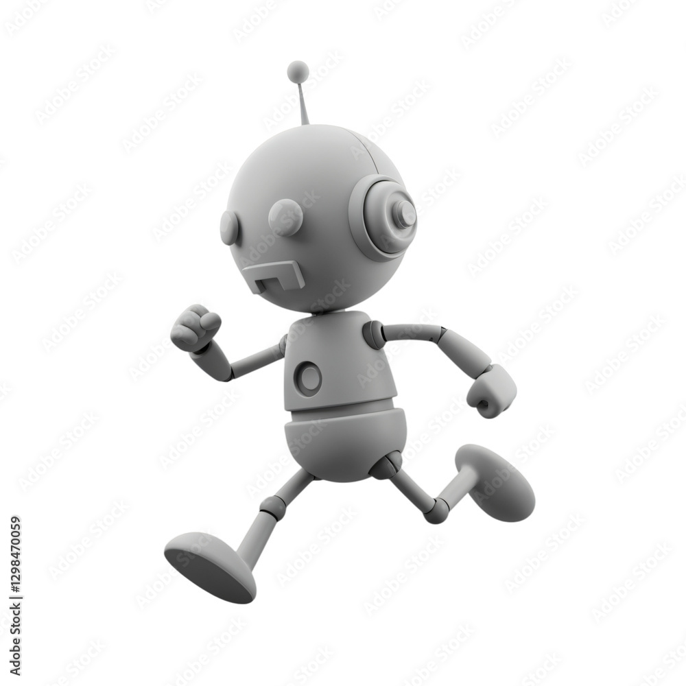 A cute, gray robot character is depicted in a dynamic running pose against a transparent background A cute, gray robot character is depicted in a dynamic running pose against a transparent background