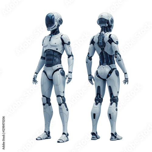 Two identical, sophisticated, white robots are presented in a front and back view
