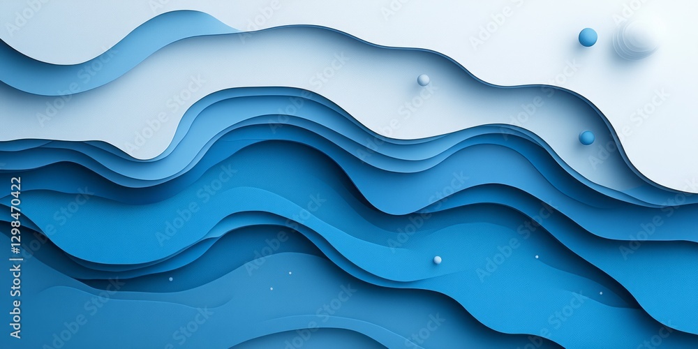 Abstract blue layered paper cut design with spheres floating above Abstract blue layered paper cut design with spheres floating above