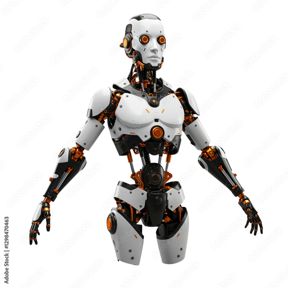 A detailed, 3D model of a futuristic robot, presented in a clean, isolated white background setting A detailed, 3D model of a futuristic robot, presented in a clean, isolated white background setting