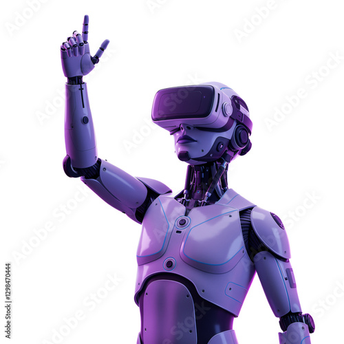 A detailed 3D model of a female robot wearing VR glasses, interacting with a virtual space
