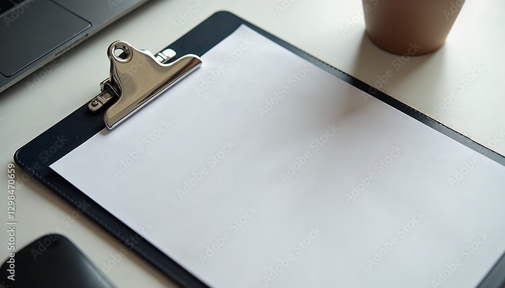 Mockup of a clipboard with blank paper on a modern workspace desk
Mockup of a clipboard with blank paper on a modern workspace desk