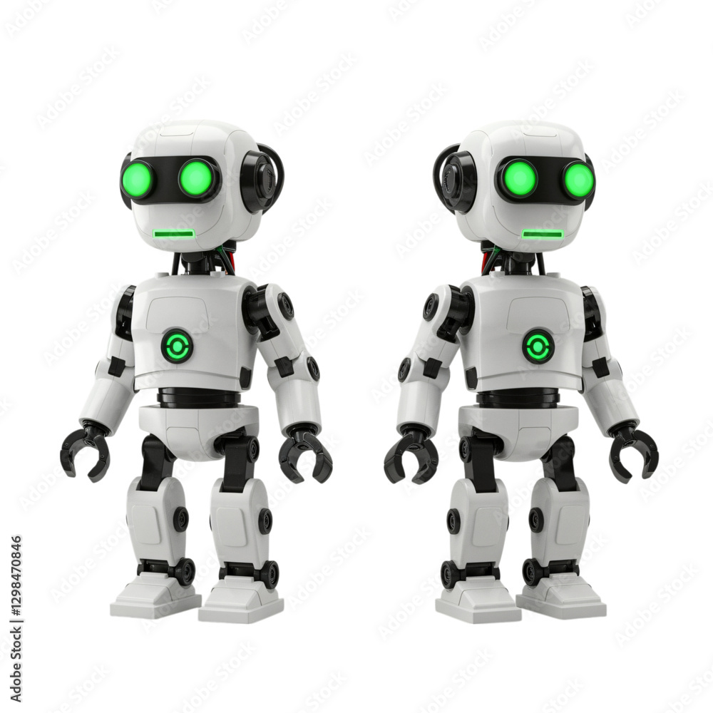 This image features two identical, white robots with glowing green eyes This image features two identical, white robots with glowing green eyes