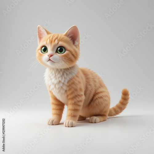 Cute Orange Kitten Sitting Fluffy Fur Green Eyes Studio Shot