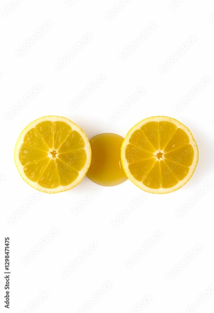 Sliced Lemon Halves and Juice on White Background Overhead Shot Sliced Lemon Halves and Juice on White Background Overhead Shot