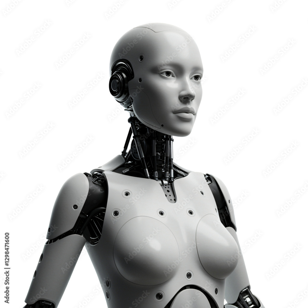 A highly detailed 3D model of a female robot, showcasing intricate mechanical components and a realistic human-like face A highly detailed 3D model of a female robot, showcasing intricate mechanical components and a realistic human-like face