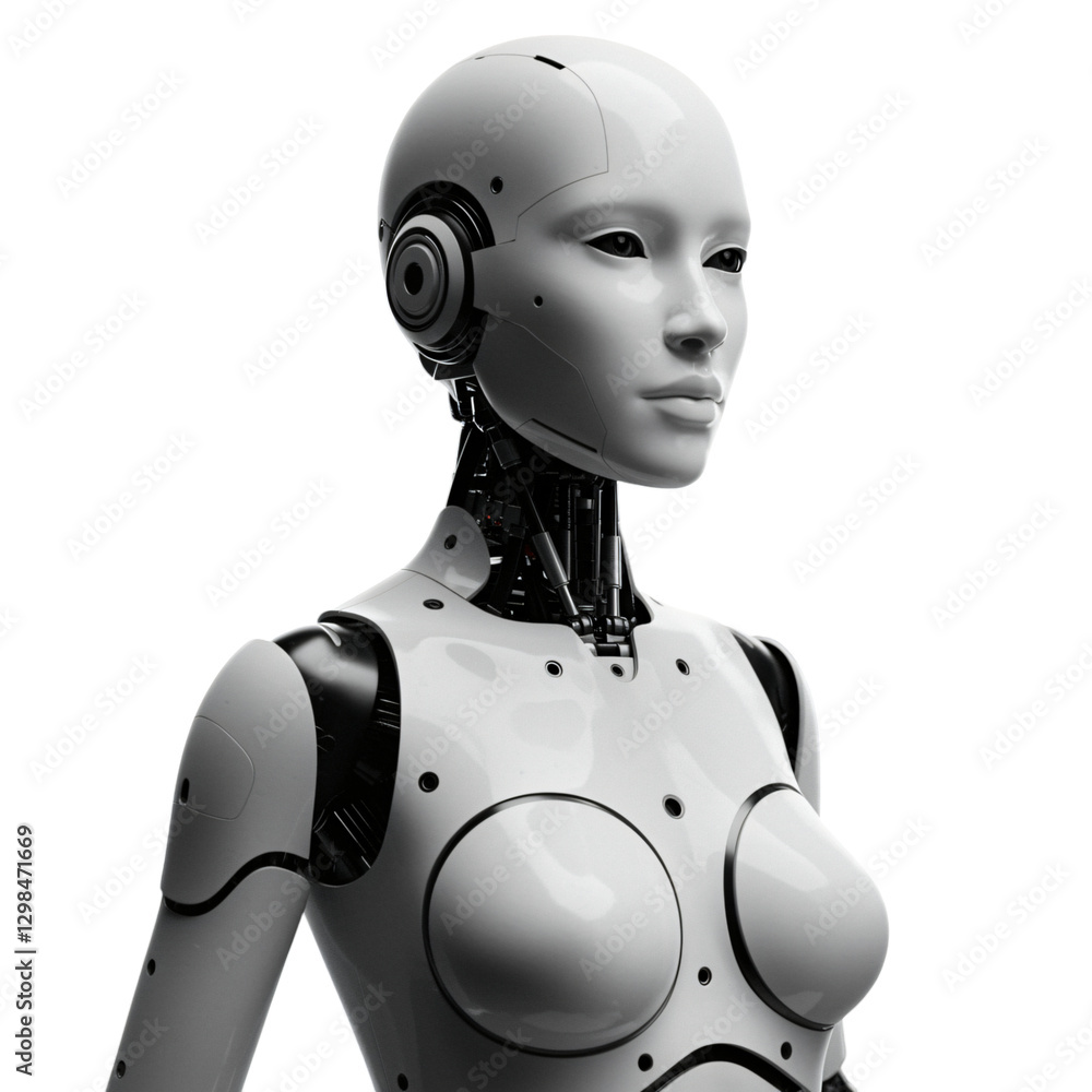 This high-quality, digitally rendered image presents a detailed close-up view of a female robot This high-quality, digitally rendered image presents a detailed close-up view of a female robot