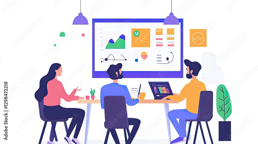 Business team working on a marketing project, analyzing company graphs, brainstorming ideas in a startup office Business team working on a marketing project, analyzing company graphs, brainstorming ideas in a startup office