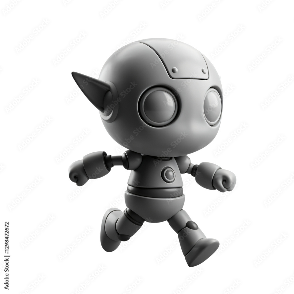 A stylized, cartoon-like robot character in grayscale, depicted in a dynamic running pose against a transparent background A stylized, cartoon-like robot character in grayscale, depicted in a dynamic running pose against a transparent background