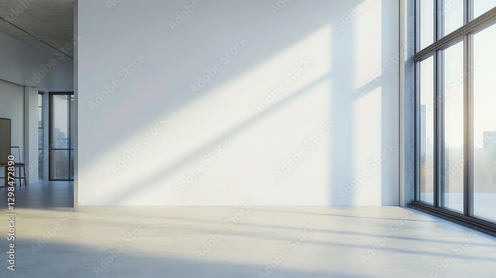 Obraz premium Empty modern interior, minimalist architecture, large windows, sunlight streaming in, white walls, hardwood floors, bright and airy space, clean lines, open floor plan, contemporary design