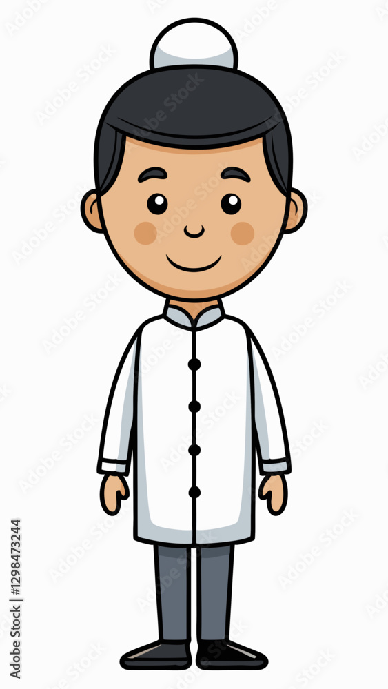 Acupuncturist cartoon character smiling in traditional attire