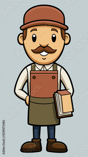 Bookbinder smiling with books in hands against a light background