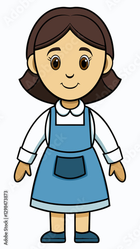 Doll Maker character smiling in blue dress and apron
