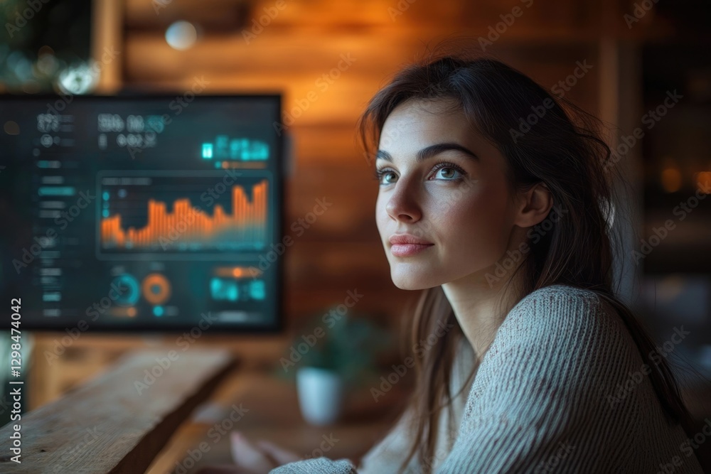 A young woman thoughtfully gazes at financial data displayed on a computer screen, contemplating market trends and investment strategies.