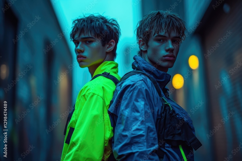 Obraz premium Two stylish young men, backs together, stand in a dimly lit urban alleyway, showcasing vibrant outerwear.