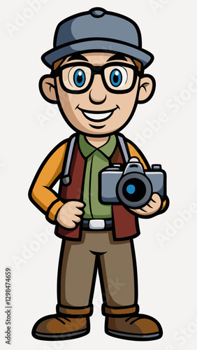 Cartoon photographer smiling while holding a camera