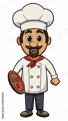 Pizza Maker smiling and holding pizza against a white background