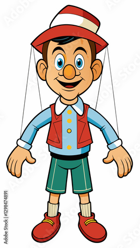 Puppeteer character illustration smiling with strings against white background