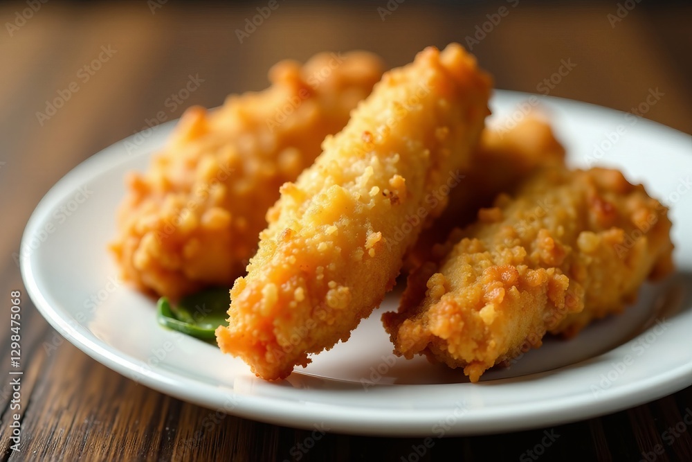 Close-up of crispy golden fried chicken tenders on a white plate, dinner, savory Close-up of crispy golden fried chicken tenders on a white plate, dinner, savory